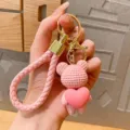 Roze geweven riem teddybeer sleutelhanger met hart hanger schattige tas charme accessoire - Roze