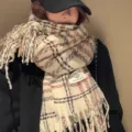 Koreaanse stijl ruitjes kwastjes sjaal voor dames, gezellige warme gebreide omslagdoek. - Beige