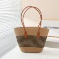 Καλοκαιρινή ψάθινη τσάντα shopper μεγάλη χωρητικότητα τσάντα παραλίας ώμου δερμάτινα χερούλια - Ρίγες σε μαύρο και χακί