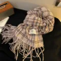 Koreaanse stijl geruite franje sjaal voor vrouwen, zachte warme wintersjaal, gezellige gebreide shawl. - Roze
