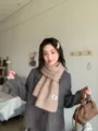 Winter warm wool blend scarf for women, classic solid color casual Korean style thick neckerchief. - Khaki