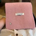Korean style pink wool blend knitted scarf with cute shell button and handmade woven label. - Pink