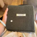 Dark green wool blend knitted scarf with handmade label and shell button for winter warmth - Army Green
