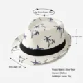 Sommerlicher weißer Strohhut Panama-Stil mit blauem Palmenmuster und schwarzem Band - 58cm / Bedruckter Panama Strohhut / Panama-Strohhut mit Palmenmuster und Band, Milchweiß