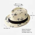 Beiger Strohhut Panama Hut mit Palmenmuster Aufdruck und schwarzem Schleifenband - 58cm / Bedruckter Panama Strohhut / Panama-Strohhut mit Palmenmuster und Band, Beige