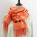 Solid color orange winter scarf for women, thick long tassel cashmere feel neck wrap warm. - 200cm / Orange