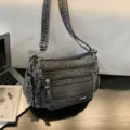 Borsa a tracolla da donna in denim lavato vintage grande capacita multi tasche grigio - Nero