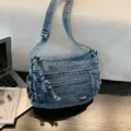 Borsa a tracolla in denim vintage da donna, grande capacità con tasche multiple borsa. - Blu scuro