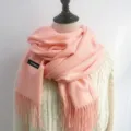 Solid pink cashmere-feel winter scarf for women, warm long tassel neck wrap design. - 200cm / Snowy White