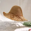 Chapeau de paille marron pour femme ete plage vacances chapeau de soleil tisse ajouree avec noeud - M (56-58cm) / Kaki