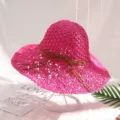 Chapeau de paille fuchsia femme, large bord chapeau de plage soleil ete elegant chic. - M (56-58cm) / Rose rouge