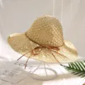 Chapeau de soleil en paille d'été avec ruban marron, chapeau de plage tissé à large bord. - M (56-58cm) / Beige