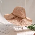 Chapeau de paille de style japonais avec nœud marron, large bord plage vacances été. - M (56-58cm) / Rose Sakura