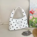 White polka dot shoulder bag with bow and chain strap, retro style casual chic handbag for women. - White