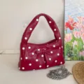 Red polka dot shoulder bag with bow and chain strap. Cute retro underarm handbag for women. - Red