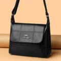 Classic black leather shoulder bag for women, vintage soft crossbody design for daily wear. - Black