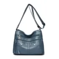 Blue PU leather multi-pocket shoulder bag, casual crossbody bag with multiple zippers. - Lake Blue