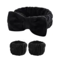 Ensemble bandeau et poignets en peluche noire douce pour le lavage du visage et maquillage - Lot de 3 Nœuds / Noir