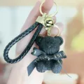Black woven resin bear keychain with leather strap metal ring luxury style bag charm gift - Sitting Resin Bow Tie Bear - Black