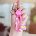Pink silicone keychain with cute star rainbow design, gold metal clasp and ring for keys. - Rainbow Star Soft Rubber Wristband - Pink