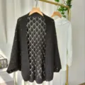 Black hollow knit cardigan shawl for women, casual loose outerwear perfect for summer and spring. - Black
