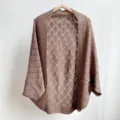 Women's hollow knit cardigan shawl, casual loose sweater outer wear, main view. - Dense Knit Fish Scale - Coffee
