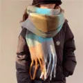 Cozy color block tassel scarf for women, soft warm winter plush tartan neck wrap. - Blue-Brown Patchwork