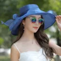 Elegant blue organza sun hat for women wide brim beach sunhat floral summer outdoor sun protection - One Size / Navy Blue