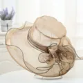 Women organza sun hat wide brim beach sunshade hat elegant floral wedding tea party sun cap - One Size / Khaki