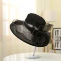 Black organza sun hat women floral mesh beach sunhat elegant wedding tea party fascinator cap - One Size / Black