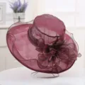 Wine Red Organza Sun Hat Wide Brim Beach Summer Hat Floral Mesh Sun protection Hat - One Size / Burgundy
