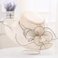 Women elegant organza sun hat wide brim floral tea party beach cap chic champagne sunhat - One Size / Beige