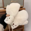 Cute white plush bear winter gloves, thick warm lamb wool mittens with hanging neck strap. - One Size / Crooked Mouth Bear - White