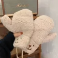 Cute winter fluffy lamb fleece mittens with bear embroidery and hanging neck strap for warm daily wear. - One Size / Crooked Mouth Bear - Beige