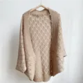Women beige knit cardigan shawl hollow out cape summer air conditioning room cover up top - Dense Knit Fish Scale - Khaki