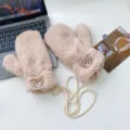 Winter Cute Bear Lamb Velvet Hanging Neck Gloves in Beige, Warm Thickened Coldproof Mittens - One Size / Patch Bear - Khaki