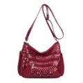 Wine Red Multi-Pocket Soft Leather Women Shoulder Crossbody Bag Casual Daily Handbag - Red