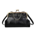 Vintage kiss-lock crossbody shoulder bag for women, retro black PU leather shell handbag daily commute. - Black