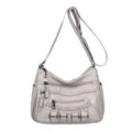 Grey multi-layer soft leather women shoulder crossbody bag with zippers and braided detail - White