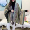 Women ethnic color-block knit cape winter warm tassel poncho shawl outer wear travel jacket - Lemon Yellow