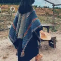 Ethnic color-blocked knitted shawl cloak for women, vintage fringe poncho outer wear. - Navy Blue