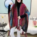 Colorful ethnic knit poncho cape for women winter warm bohemian style tassel outerwear apparel - Rose Red