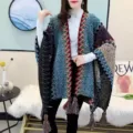 Ethnic color block knitted cape shawl for women, stylish fringe outerwear cloak for winter. - Khaki