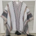 Ethnic color-contrast knitted shawl cape with fringe outer-wear for women warm winter - Grayish White