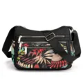 Black nylon crossbody shoulder bag for women, multi zipper pockets, colorful botanical print. - Leaf