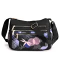 Multi-zipper nylon crossbody shoulder bag for women with colorful print pocket daily use - Blue Leaves