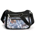 Multi-layer nylon crossbody shoulder bag with tropical leaf print and black adjustable strap. - Tropical Plants