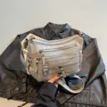 Grijze dames schoudertas van kunstleer met meerdere ritsen casual crossbody tas - Grijs