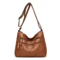 Brown washed soft leather crossbody shoulder bag with multi pockets, casual daily style variant. - Yellow Brown