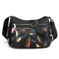 Women nylon crossbody shoulder bag multi-layer zipper casual handbag with feather print. - Feather